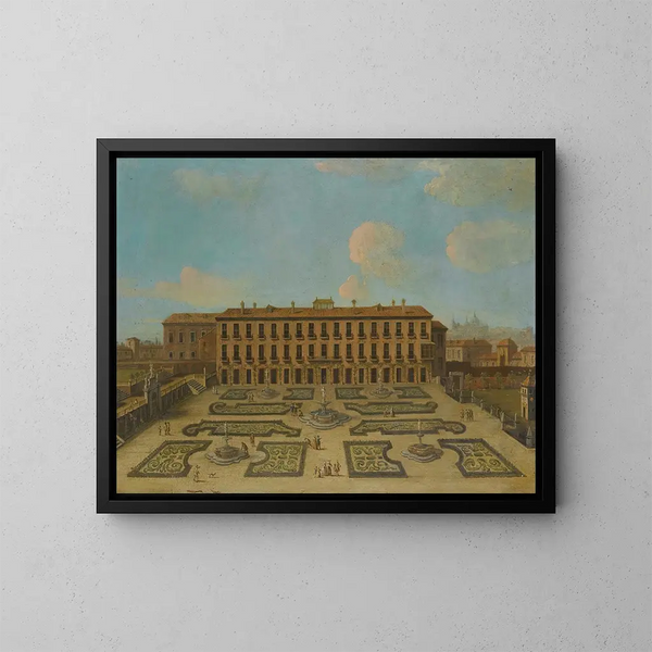 Vista di un palazzo, forse il Palacio Riofrío a Segovia, con figure che passeggiano nei giardini all'italiana - Scuola di Francesco Battaglioli — quadro incorniciato alla parete