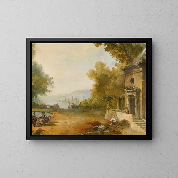 Figures sur une terrasse surplombant un grand lac - Ecole de Hubert Robert — quadro incorniciato alla parete