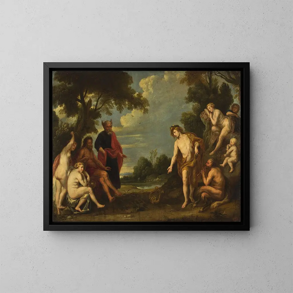 Il Giudizio di Mida - Scuola di Jacob Jordaens — quadro incorniciato alla parete