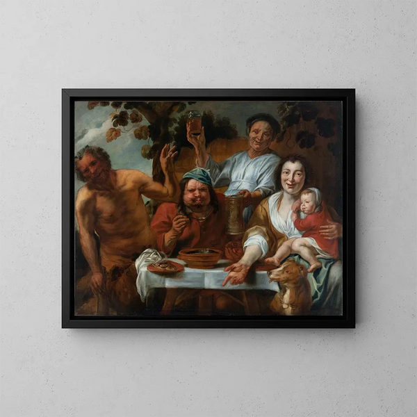 Il satiro e il contadino - Scuola di Jacob Jordaens — quadro incorniciato alla parete