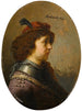 Ritratto di un giovane uomo in armatura e berretto con piume rosse - Scuola di Rembrandt van Rijn — vista dell’opera