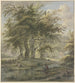 Foresta di querce con alcune capanne in primo piano, un pescatore - Jan Hulswit — vista dell’opera