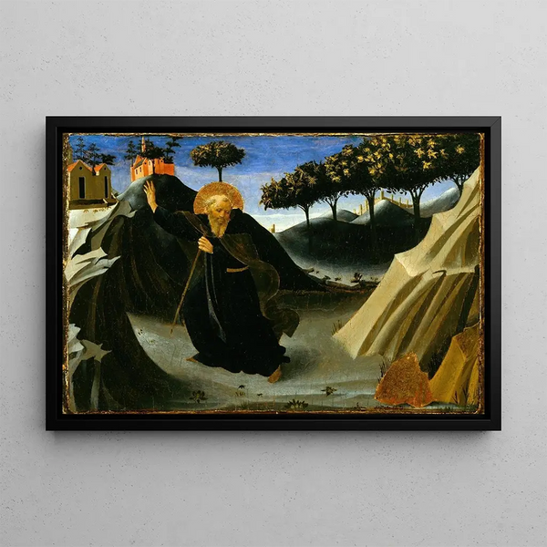 di Sant'Antonio abate che fugge dalla massa d'oro - Fra Angelico — quadro incorniciato alla parete