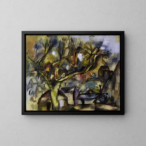 Scène di fattoria al crepuscolo - Frances Hodgkins — quadro incorniciato alla parete