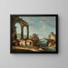 Paesaggio con rovine classiche e figure vicino a un fiume, un ponte in lontananza - Francesco Albotto — quadro incorniciato alla parete