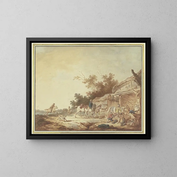 Un voyageur a cui si mettono stivali da cavallo si trova con i suoi cavalli vicino a un abbeveratoio, due cavalieri provenienti da sinistra si avvicinano all'abbeveratoio. - Francesco Giuseppe Casanova — quadro incorniciato alla parete