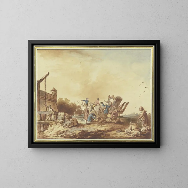 Davanti alla porta di una fortezza, i bagagli di un viaggiatore che si ferma lì con la sua diligenza vengono perquisiti, a destra una famiglia di mendicanti con un cane. - Francesco Giuseppe Casanova — quadro incorniciato alla parete