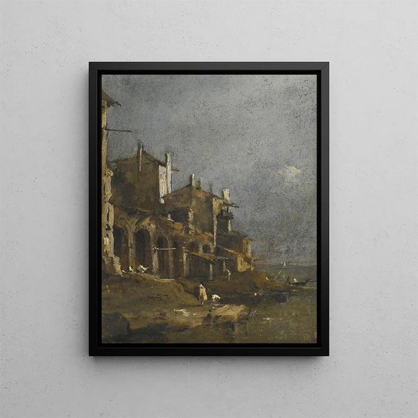 Un paesaggio costiero di Capriccio con personaggi sulla riva sotto un'arcata - Francesco Guardi — quadro incorniciato alla parete