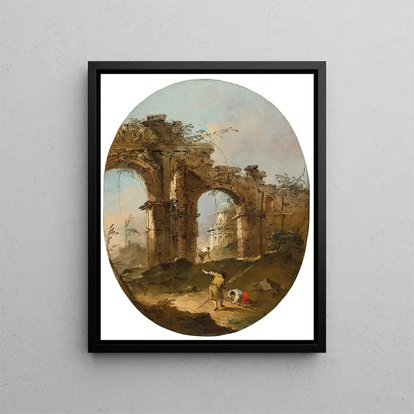 Un caprice architettonico con figure vicino a un arco in rovina - Francesco Guardi — quadro incorniciato alla parete