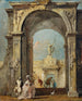 Un caprice architectural con personaggi elegantemente vestiti e un cane all'ingresso di un palazzo - Francesco Guardi — vista dell’opera