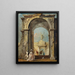 Un caprice architectural con personaggi elegantemente vestiti e un cane all'ingresso di un palazzo - Francesco Guardi — quadro incorniciato alla parete