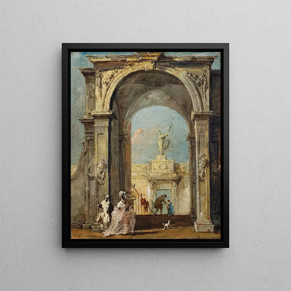 Un caprice architectural con personaggi elegantemente vestiti e un cane all'ingresso di un palazzo - Francesco Guardi — quadro incorniciato alla parete