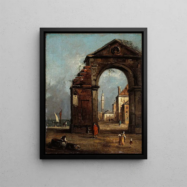 Caprice con arco trionfale in rovina e paesaggio del bordo della laguna - Francesco Guardi — quadro incorniciato alla parete
