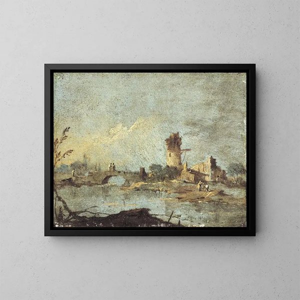 Caprice rustico con un ponte e una torre in rovina - Francesco Guardi — quadro incorniciato alla parete