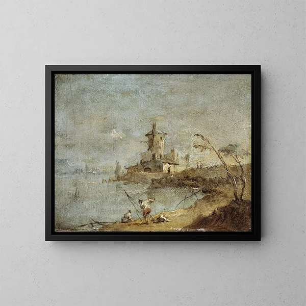 Caprice rustico con torre sul bordo dell'acqua - Francesco Guardi — quadro incorniciato alla parete