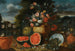 Nature morte con una grande composizione di fiori in un'urna in pietra scolpita con angurie aperte, fichi e vasi in terracotta sul terreno del giardino sottostante - Francesco Lavagna — vista dell’opera