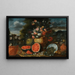 Nature morte con una grande composizione di fiori in un'urna in pietra scolpita con angurie aperte, fichi e vasi in terracotta sul terreno del giardino sottostante - Francesco Lavagna — quadro incorniciato alla parete