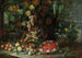 Un paniere rovesciato di frutta, fiori e verdure con una ghirlanda piena di fragole in un giardino di villa - Francesco della Questa — vista dell’opera