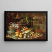 Fiori, frutta e verdura con funghi accanto a una fontana nel giardino di una villa - Francesco della Questa — quadro incorniciato alla parete