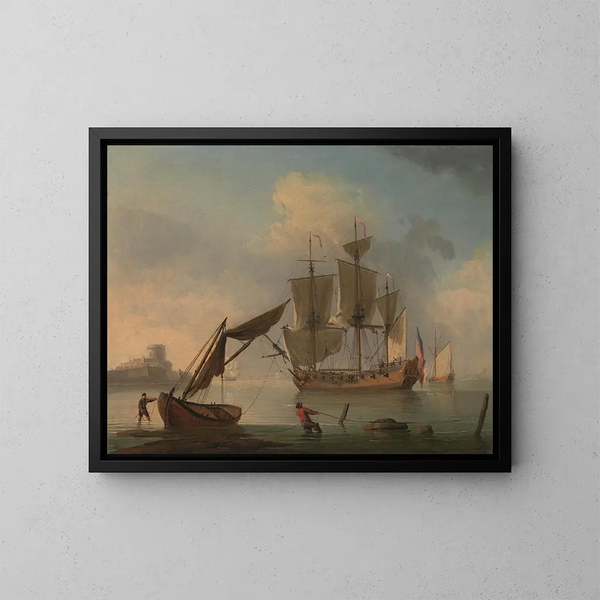 Un sloop inglese a riposo vicino alla costa - Francis Swaine — quadro incorniciato alla parete