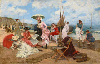 Francisco Miralles Y Galup - Mujeres elegantes en la playa con perro.webp