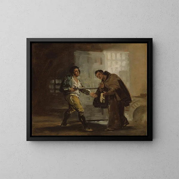 Il fratello Pedro offre scarpe a El Maragato e si prepara a sventare la sua arma. - Francisco de Goya — quadro incorniciato alla parete