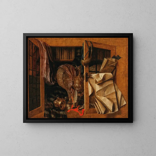 Franciscus Gijsbrechts - A trompeloeil still life of a cupboard with books gilded vessels a hunting horn and drawings.webp