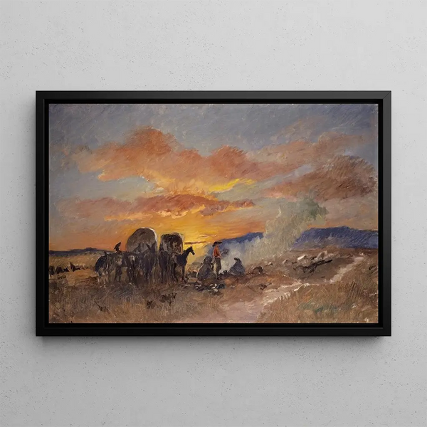Fuoco da campo all'alba nelle pianure di Laramie - Frank Buchser — quadro incorniciato alla parete