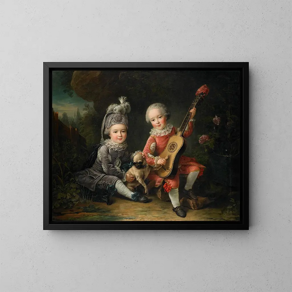 I ritratti dei bambini di M. de Bthune che giocano con un cane - François-Hubert Drouais — quadro incorniciato alla parete