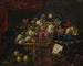 Nature morte di fiori su un tavolo con un tappeto, un libro di musica e un cane seduto su un cuscino - François Habert — vista dell’opera