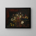 Nature morte di fiori su un tavolo con un tappeto, un libro di musica e un cane seduto su un cuscino - François Habert — quadro incorniciato alla parete