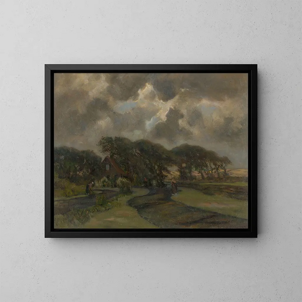 Casa vicino a un albero e donne con reti da pesca - Frans Smissaert — quadro incorniciato alla parete
