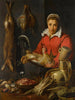 Una mercante che tiene un gallo con selvaggina, asparagi, carciofi, utensili e una ciotola di fragoline di bosco - Frans Snyders — vista dell’opera