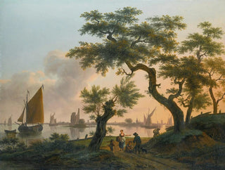 Paesaggio con un estuario, navi sull'acqua e figure sul sentiero in primo piano - Frans Swagers — vista dell’opera