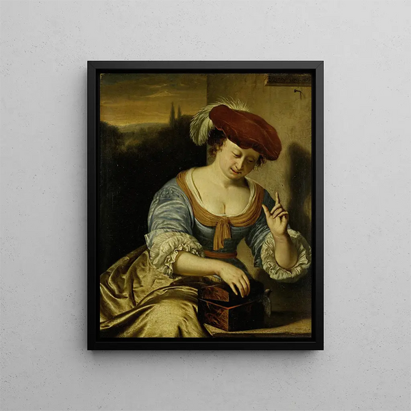 L'uccello scappato, allegoria della castità - Frans van Mieris l'Ancien — quadro incorniciato alla parete