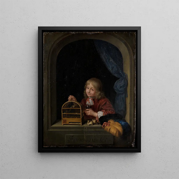 Ragazzo con una gabbia per uccelli alla finestra - Frans van Mieris l'Ancien — quadro incorniciato alla parete