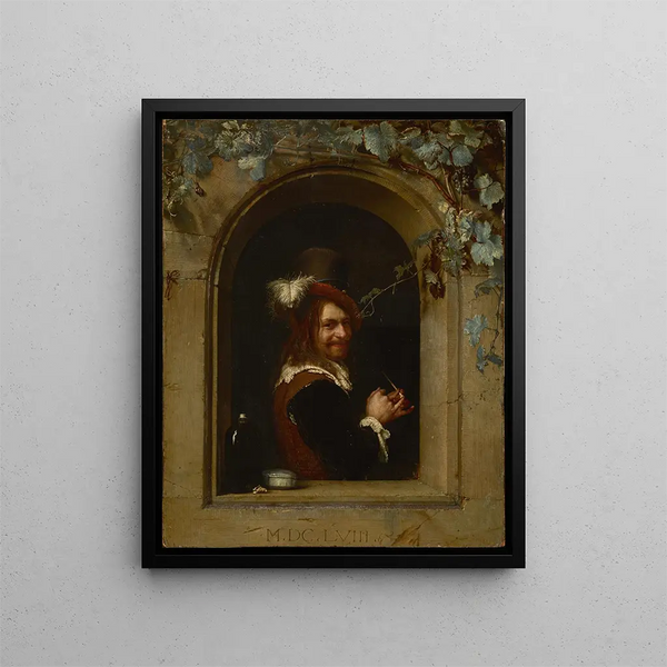 Uomo con una pipa alla finestra - Frans van Mieris l'Ancien — quadro incorniciato alla parete