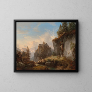 Un paesaggio di montagna con una cappella e un oratorio - Franz Barbarini — quadro incorniciato alla parete