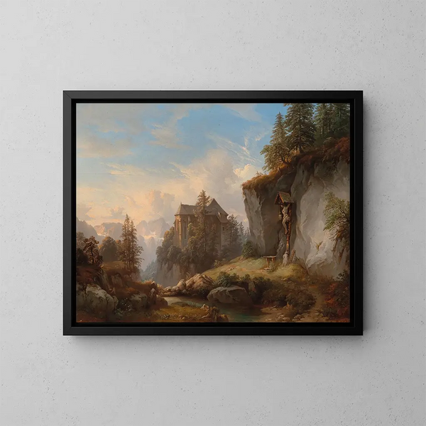 Un paesaggio di montagna con una cappella e un oratorio - Franz Barbarini — quadro incorniciato alla parete