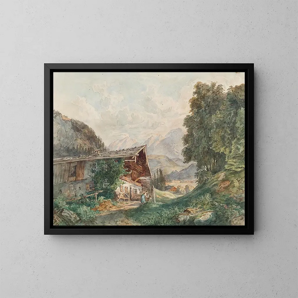 Paesaggio alpino con casa contadina e donna al pozzo - Franz Barbarini — quadro incorniciato alla parete