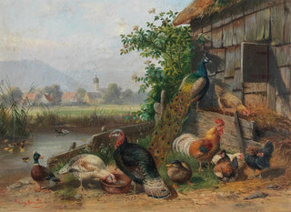 Franz Bernier - Poultry at the Pond in the background a Village.webp