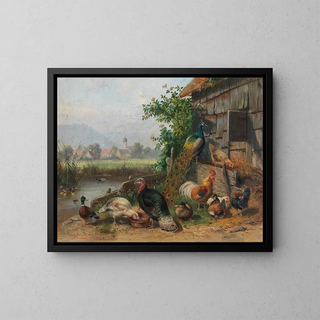 Franz Bernier - Poultry at the Pond in the background a Village.webp