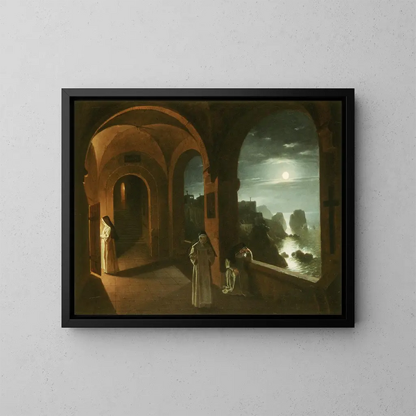 Monache nel chiostro della Certosa che sovrasta un mare illuminato dalla luna verso i Faraglioni di Capri - Franz Ludwig Catel — quadro incorniciato alla parete