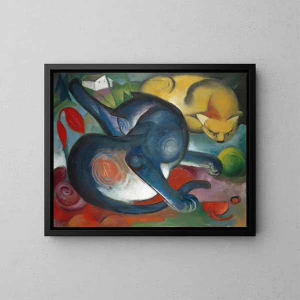 Due gatti blu e gialli - Franz Marc — quadro incorniciato alla parete