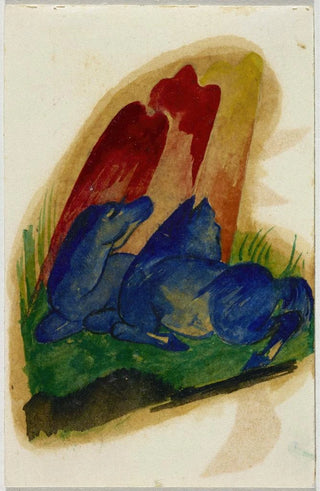 Franz Marc - Two blue horses in front of a red rock.webp