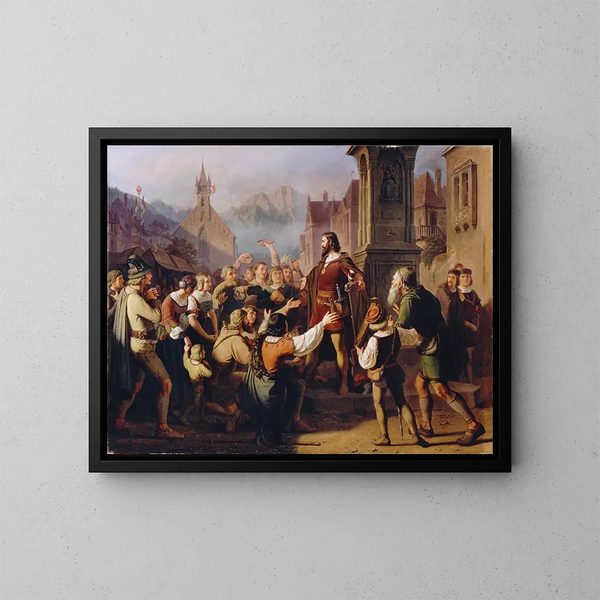 Il duca Federico IV travestito da menestrello si rivela ai suoi fedeli tirolesi fuggendo da Costanza - Franz Schams — quadro incorniciato alla parete