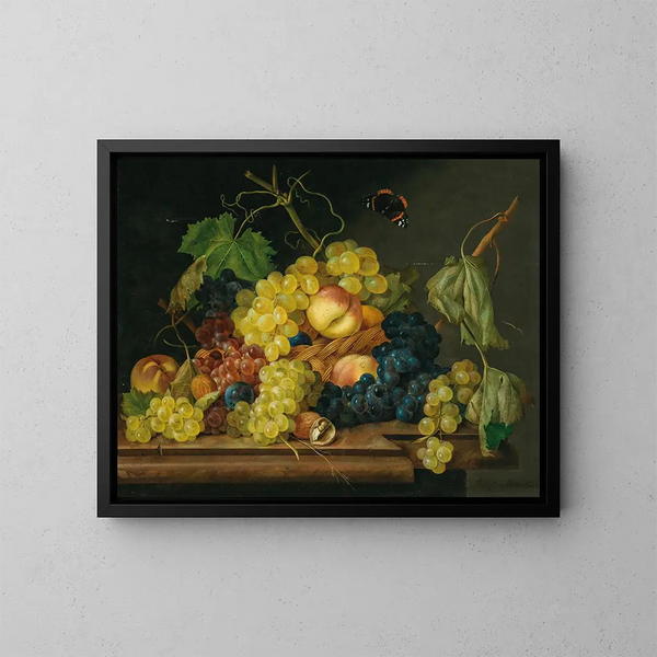 Nature morte con uva, pesche e noci - Franz Xaver Petter — quadro incorniciato alla parete