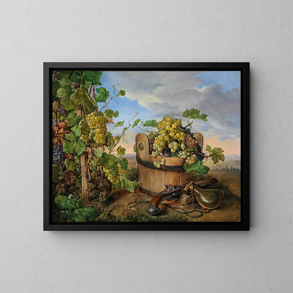 Nature morte con uva e una pistola - Franz Xaver Petter — quadro incorniciato alla parete