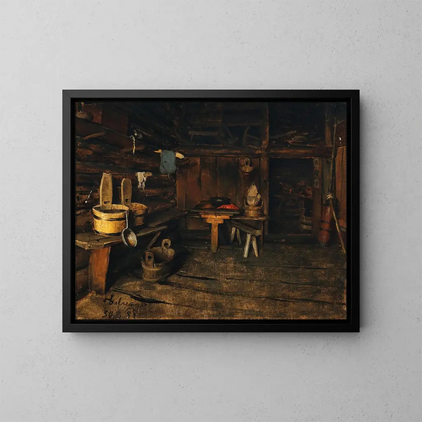 Interno di una baita alpina - Franz von Defregger — quadro incorniciato alla parete