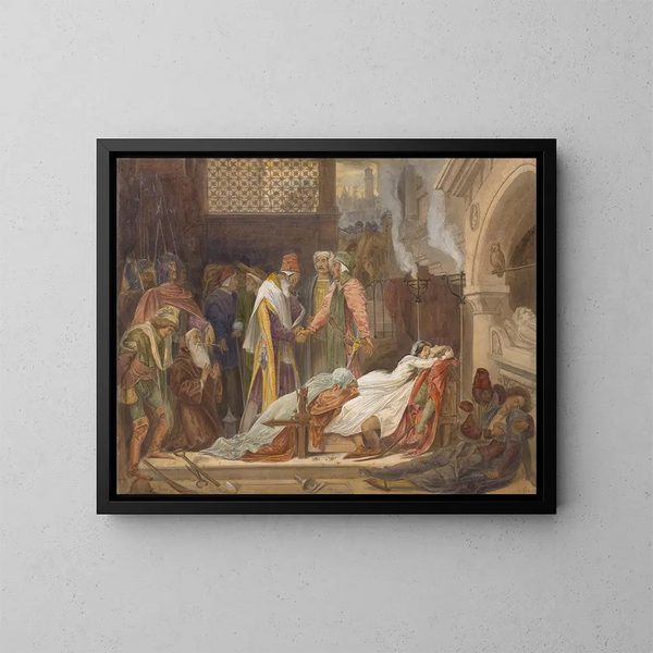 La Riconciliazione dei Montaigu e dei Capuleti - Frederic Leighton — quadro incorniciato alla parete